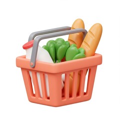 3d grocery basket with food items isolated on white background