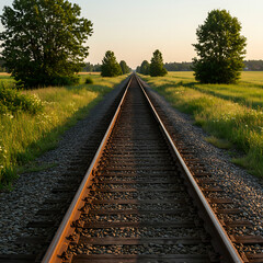 Fototapeta premium Straight train tracks extending into the distance through a rural landscape with green fields and scattered trees, symbolizing journey and perspective. 