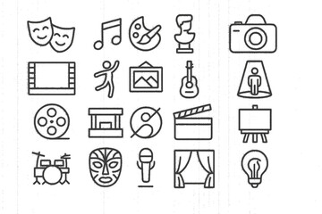 Explore a vibrant set of arts and entertainment icons featuring theater masks, cameras, and guitars. Perfect for creative blogs, media apps, and event designs. High-quality vector art with a minimalis