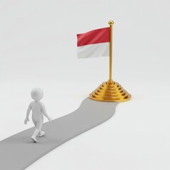 3d figure walking towards Indonesian flag isolated on white background