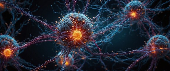 Close-up of a neuron network exchanging signals with connected cells