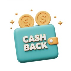 3d cashback wallet with coins and stars isolated on white background