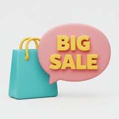 3d shopping bag with big sale speech bubble isolated on white background