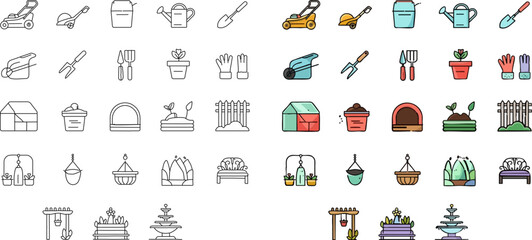 Full garden icon pack in outline and color styles with tools and plants