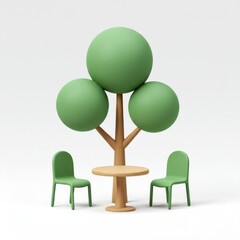 3d minimalist tree with table and chairs isolated on white background