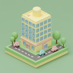 3d isometric cityscape with cute cars and building