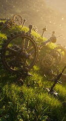 Sundrenched grassy hill dotted with scattered rusty gears, cogs, and mechanical parts. A postapocalyptic or steampunk scene, Mobile Wallpaper