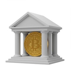 3d bitcoin bank building with golden coin isolated on white background