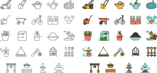 Full garden icon pack in outline and color styles with tools and plants