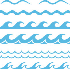 Collection of stylized blue ocean wave patterns and borders on white background