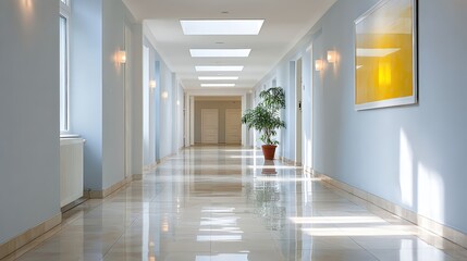 Fototapeta premium Door entry for smart offices, Bright, modern hallway with polished tile floor, light blue walls, and a potted plant under skylights creating a clean, airy atmosphere.