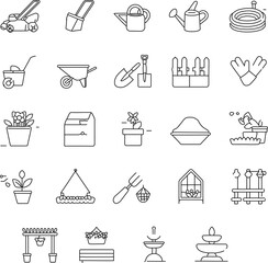 Minimal line icon set of gardening tools and outdoor elements