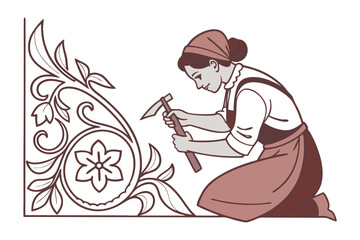 Artisan woman meticulously carving intricate floral patterns into a decorative element with a small chisel tool
