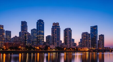 Obraz premium City Skyline at Dusk with Warm Lights, High-Rise Buildings and Clear Reflection on Water, Modern Urban Landscape, Evening Cityscape, Vibrant Urban Lights