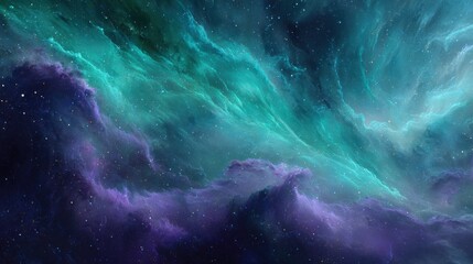 Fototapeta premium Breathtaking cosmic nebula scene with swirling teal, purple, and blue gas clouds, countless twinkling stars, and a vast, mysterious expanse of deep space, capturing the awe - inspiring beauty and wond