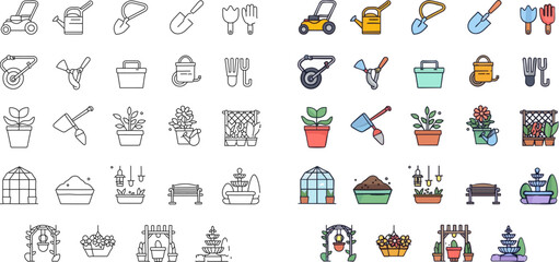 Full garden icon pack in outline and color styles with tools and plants