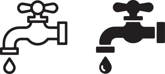 Isolated water tap icons and 3D vector illustrations of metal faucets with a clean water drop concept