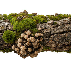 Mystical forest fungi and verdant moss cling to a weathered branch a scene of tranquil decay on transparent background