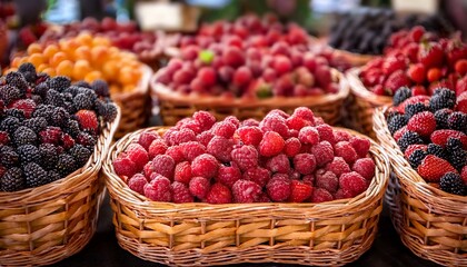 market freshness concept with colorful berry medley fresh raspberries in wicker baskets at a market display