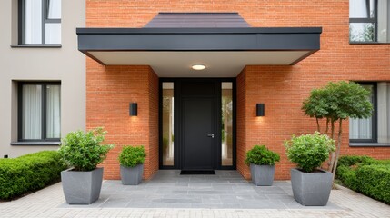 Door entry for smart offices, Modern brick house entrance with black door, large overhang, and symmetrical potted plants on a tiled walkway.