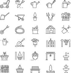 Minimal line icon set of gardening tools and outdoor elements