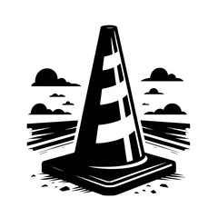 Black and White Vector Silhouette of Warning Cone at Construction Site
