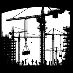 Black and White Vector Silhouette of a Tower Crane on Construction Site