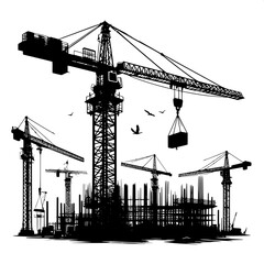 Black and White Vector Silhouette of a Tower Crane on Construction Site