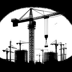 Black and White Vector Silhouette of a Tower Crane on Construction Site