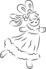 cute bunny with bangs and a bow in her hair dancing with her eyes closed in a ball gown, full size, black outlines drawn by hand with a brush curved lines
