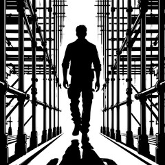 Black and White Vector Silhouette of a Man Walking Through Scaffolding