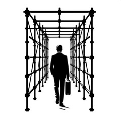Black and White Vector Silhouette of a Man Walking Through Scaffolding
