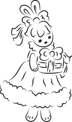 cute bunny in a ball gown with a bow on her head stands and holds a gift box in her hands, full size, black outlines drawn by hand with a brush curved lines