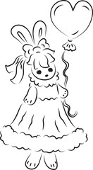 cute bunny in a ball gown with a bow on her head stands and holds a balloon in her hand by the ribbon, full size, black outlines drawn by hand with a brush curved lines