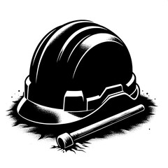 Black and White Vector Silhouette of a Construction Helmet on Ground