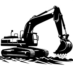 Black and White Vector Silhouette of an Excavator Arm Digging