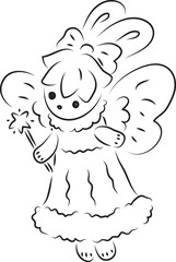 Cute bunny with butterfly wings in a ball gown with a bow on her head flies and holds a magic wand in her hands, full-length, black outlines drawn by hand with a brush curved lines