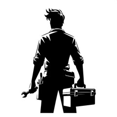 Black and White Vector Silhouette of a Man Carrying a Toolbox