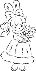 A cute bunny in a ball gown with a bow on her head stands and holds a bouquet of tulips in her hands, full-length, black outlines drawn by hand with a brush curved lines
