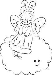 Cute bunny with butterfly wings in a ball gown with a bow on her head sits on a big happy cloud, full length, black outlines drawn by hand with a brush curved lines