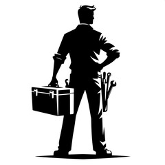 Black and White Vector Silhouette of a Man Carrying a Toolbox
