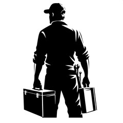 Black and White Vector Silhouette of a Man Carrying a Toolbox