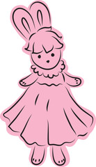 cute bunny with bangs in a ball gown stands and looks at the camera, full size, with a pink fill extending beyond the outline, black outlines drawn by hand with a brush curved lines