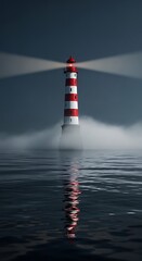 Lighthouse beam cutting through fog over the sea