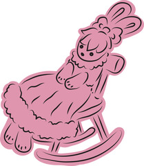 cute bunny in a ball gown with a bow on her head sits in a rocking chair, full size, with a lilac fill extending beyond the outline, black outlines drawn by hand with a brush curved lines