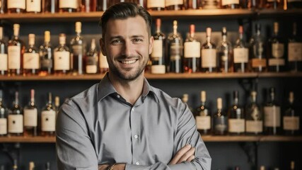 Confident man smiling with arms crossed in front of liquor bottles