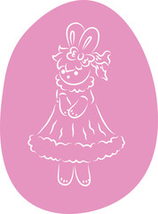 cute bunny with bangs and a bow in her hair in a ball gown stands shyly, full size, with an oval background in lilac, white contours curved lines drawn by hand with a brush