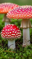 Amanita muscaria mushrooms with dew drops in moss