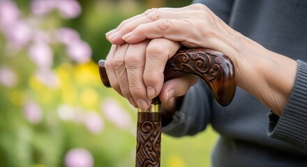 Gentle Embrace: Close-up of hands resting gently upon a wooden walking cane, embodying support, comfort, and the beauty of aging gracefully.