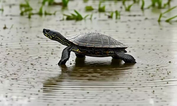 A dark-shelled turtle walks through a shallow puddle